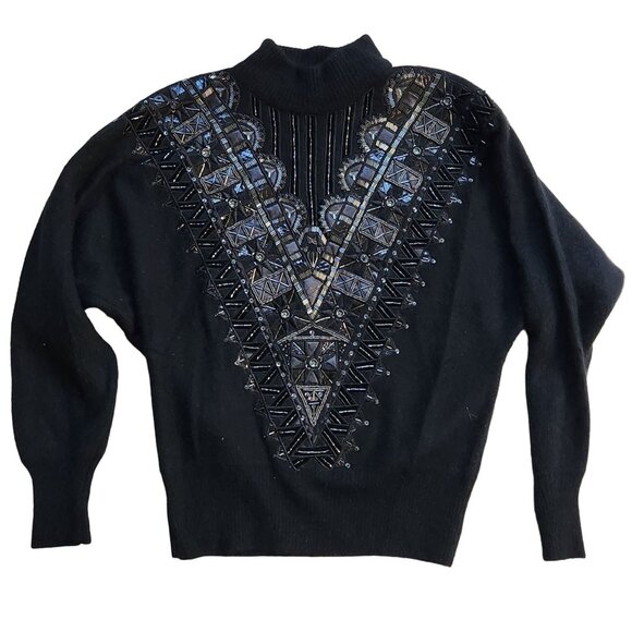 Vintage 1980s Black Angora Lambswool Beaded Batwing Sweater Mock Neck Glam NOS - Picture 2 of 6